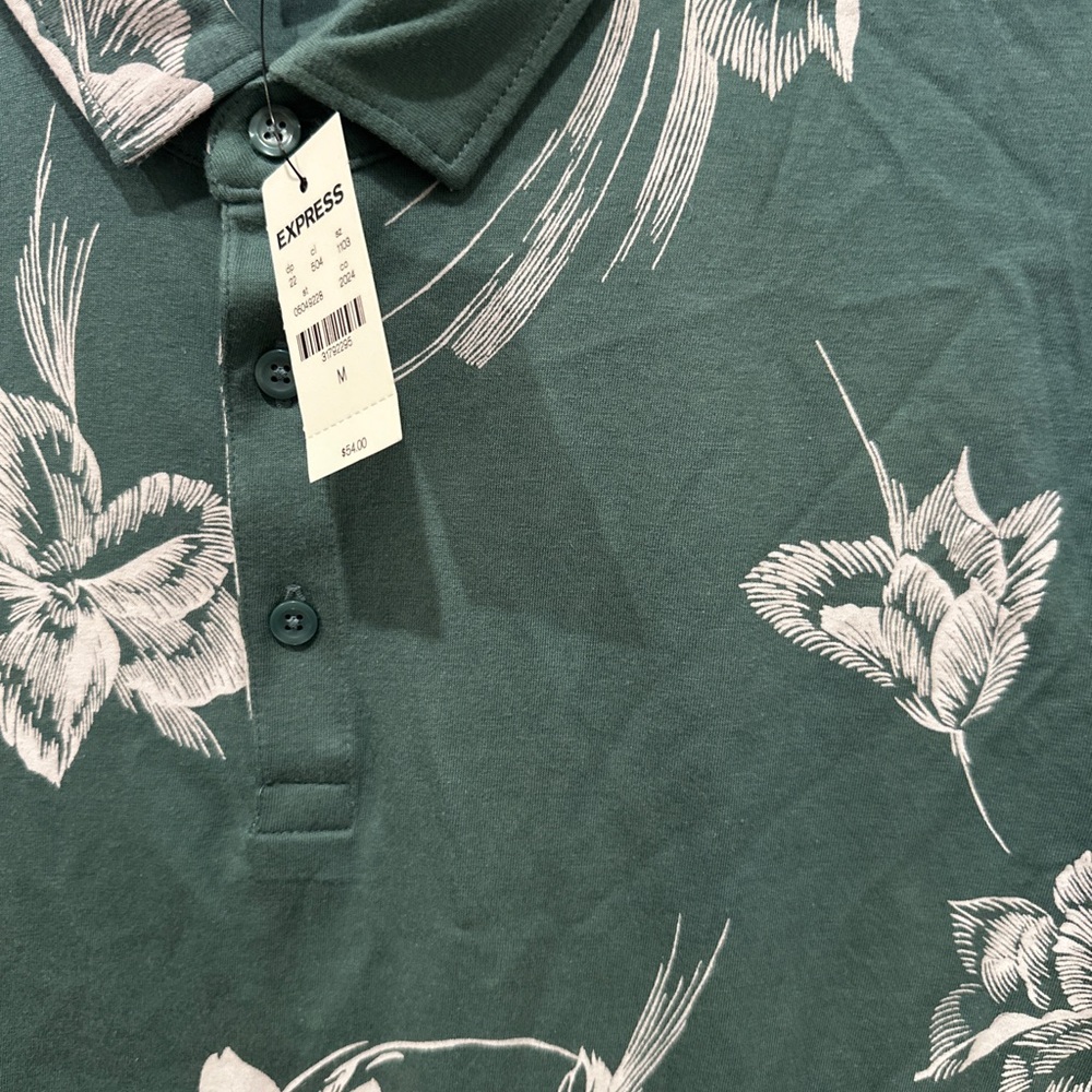 Express Men’s NWT Teal Green Floral Polo Shirt - Picture 2 of 4